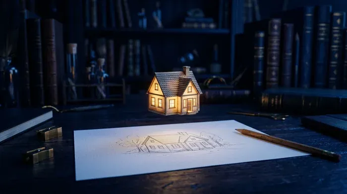Un croquis de maison au crayon sur une feuille, surmonté de la même maison en volume et éclairée de l'intérieur