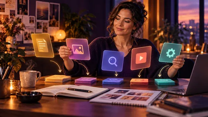 Une entrepreneure trie des cartes lumineuses représentant l’écriture, l’image, la recherche, la vidéo et l’automatisation