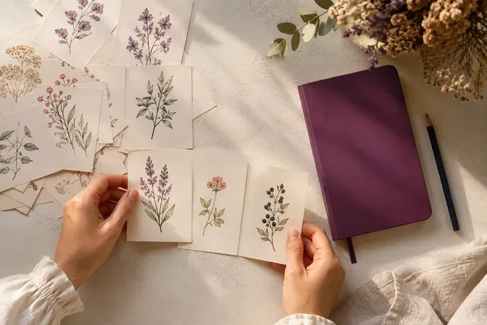 Deux mains sélectionnent trois illustrations botaniques près d'un carnet violet.
