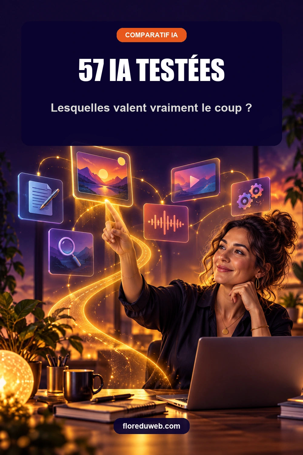 Une entrepreneure désigne un outil parmi plusieurs cartes lumineuses représentant des usages de l’intelligence artificielle