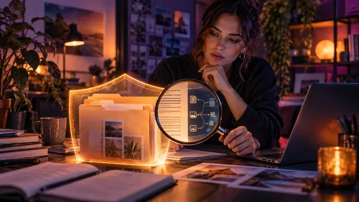 Une entrepreneure examine les clauses et les flux de données d’un dossier client protégé