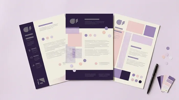 Trois CV graphiques disposés en éventail, avec colonnes violettes et blocs roses