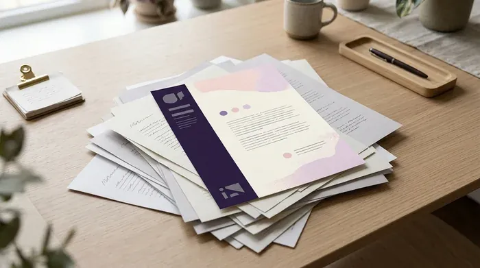 Un CV coloré posé sur une pile de CV blancs identiques sur le bureau d'un recruteur