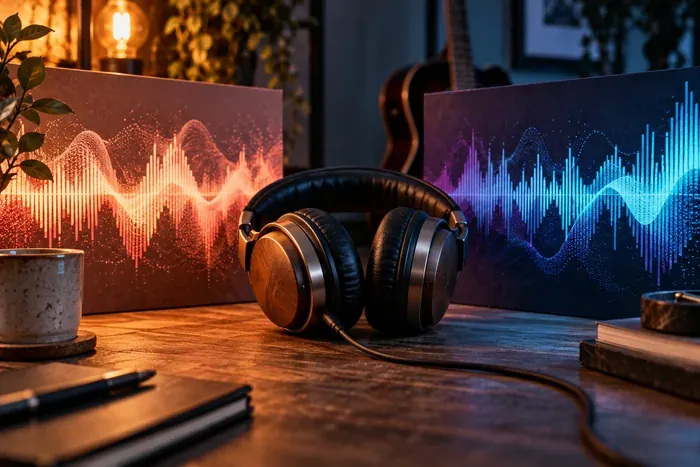 Un casque posé entre deux représentations sonores, orange à gauche et bleue à droite.