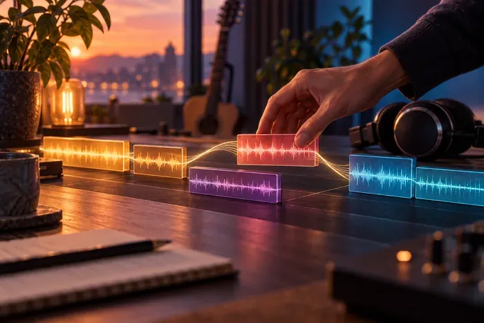 Une main déplace des blocs audio lumineux pour représenter l'organisation des sections d'une musique.
