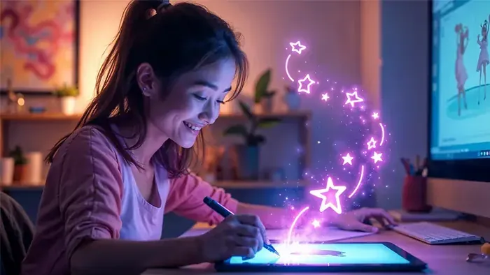 Une graphiste souriante dessine au stylet sur sa tablette, entourée d'étoiles lumineuses violettes