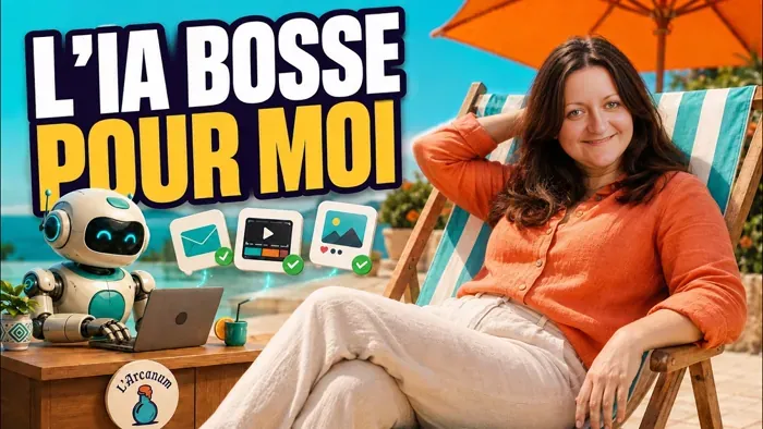 Flore se repose dans un transat tandis qu’un petit robot travaille sur un ordinateur à côté d’elle.