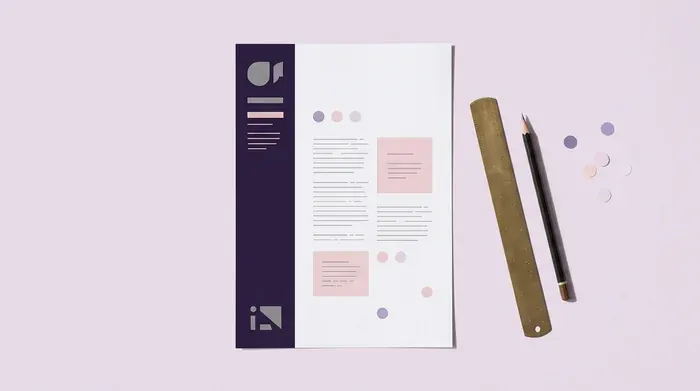 CV en deux colonnes inégales, une colonne étroite violette à gauche et une large colonne claire à droite