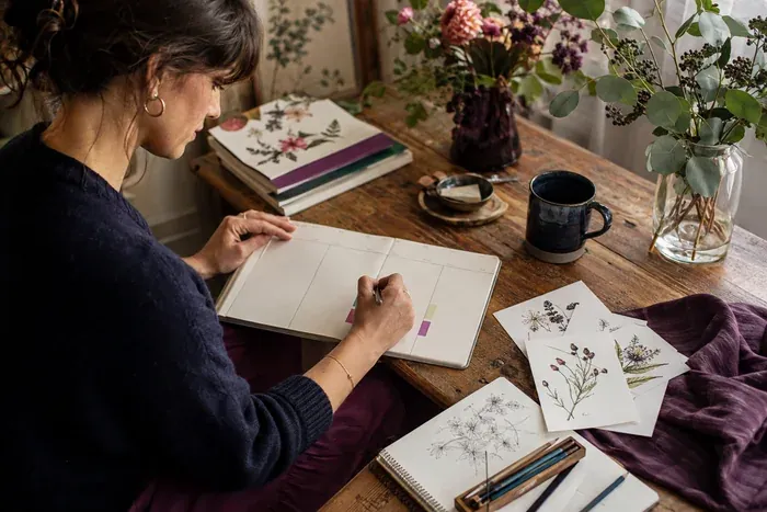Une créatrice remplit un semainier près de ses illustrations botaniques sur une table en bois.