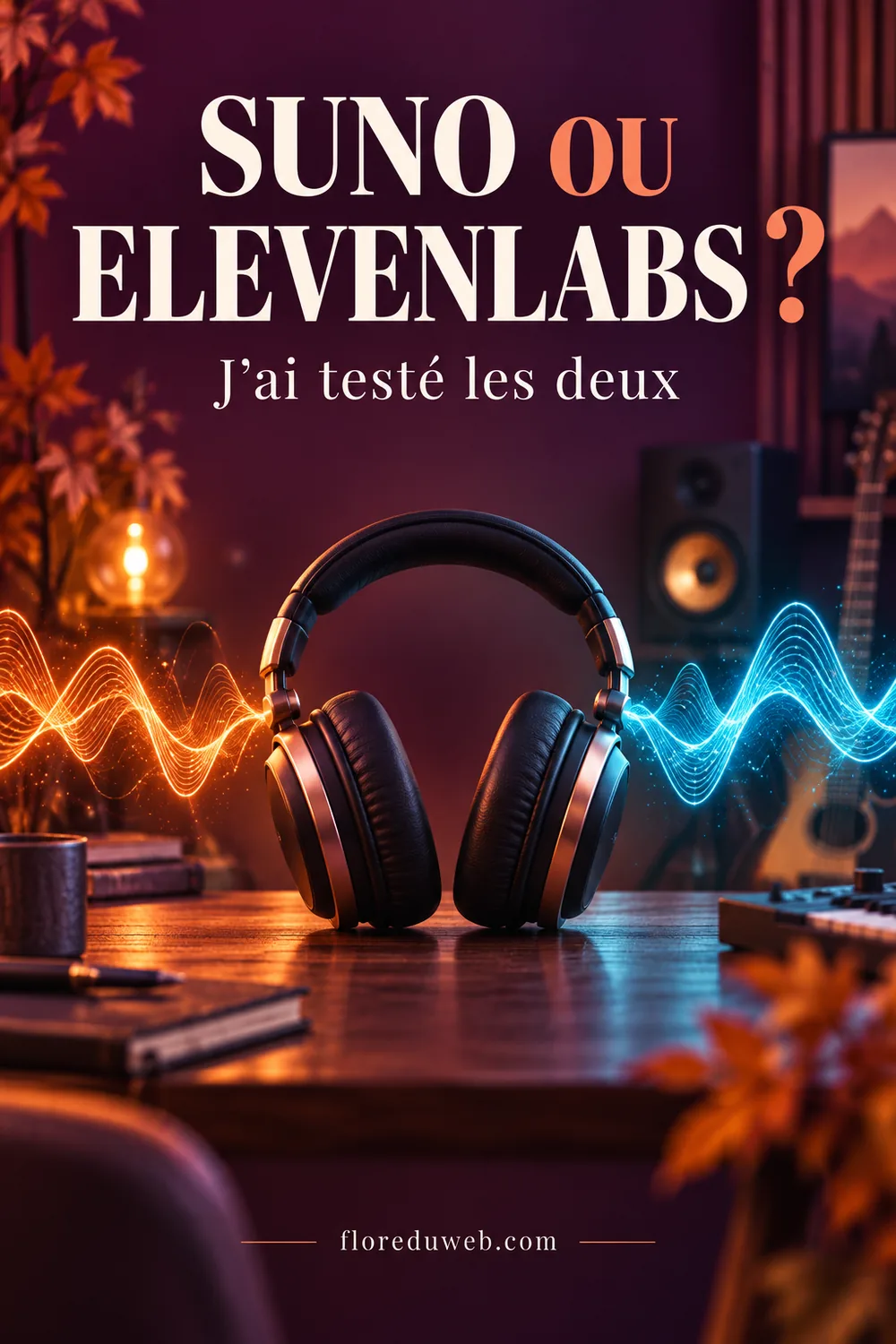 Épingle Pinterest : Suno ou ElevenLabs ? J'ai testé les deux, avec un casque entre deux ondes sonores.