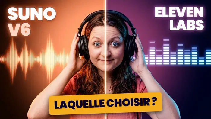Flore porte un casque entre les noms Suno V6 et Eleven Labs, sur un fond orange et violet.