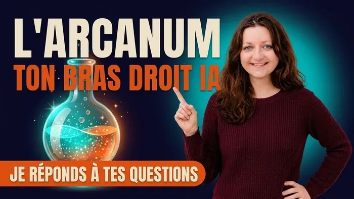 Flore sourit et montre du doigt une fiole lumineuse, sous le titre L'Arcanum ton bras droit IA