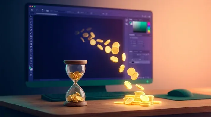 Un sablier rempli de pièces d'or et une pile de jetons devant un écran d'où s'échappent des pièces.