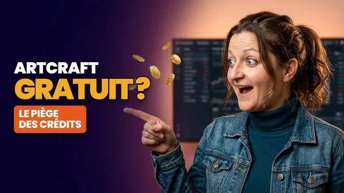 Flore surprise pointe du doigt des pièces d'or qui volent, à côté du titre ArtCraft gratuit ? Le piège des crédits.