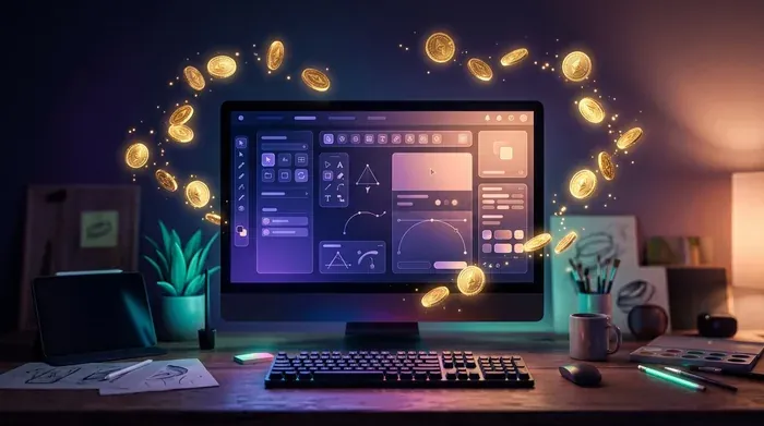 Un grand écran affiche une interface d'atelier créatif, entouré de pièces d'or lumineuses qui flottent.