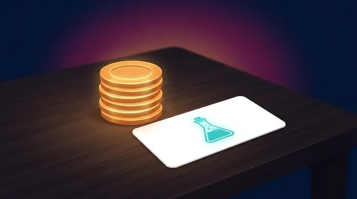 Une pile de pièces ambre lumineuses à côté d'une carte blanche qui porte une petite fiole turquoise.