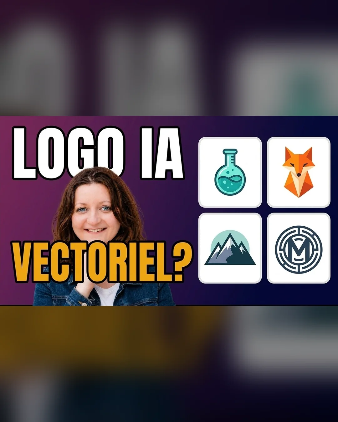 Flore sourit, la main sous le menton, à côté du titre Logo IA vectoriel et de quatre logos plats sur tuiles blanches.