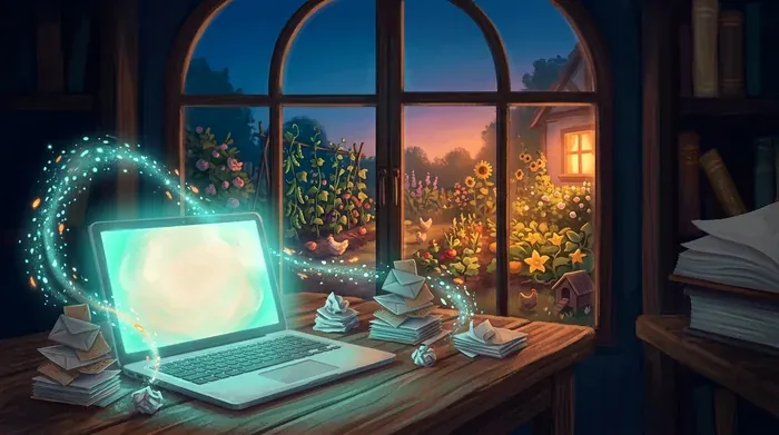 Un ordinateur portable lumineux range seul des enveloppes devant une fenêtre ouverte sur un potager au crépuscule
