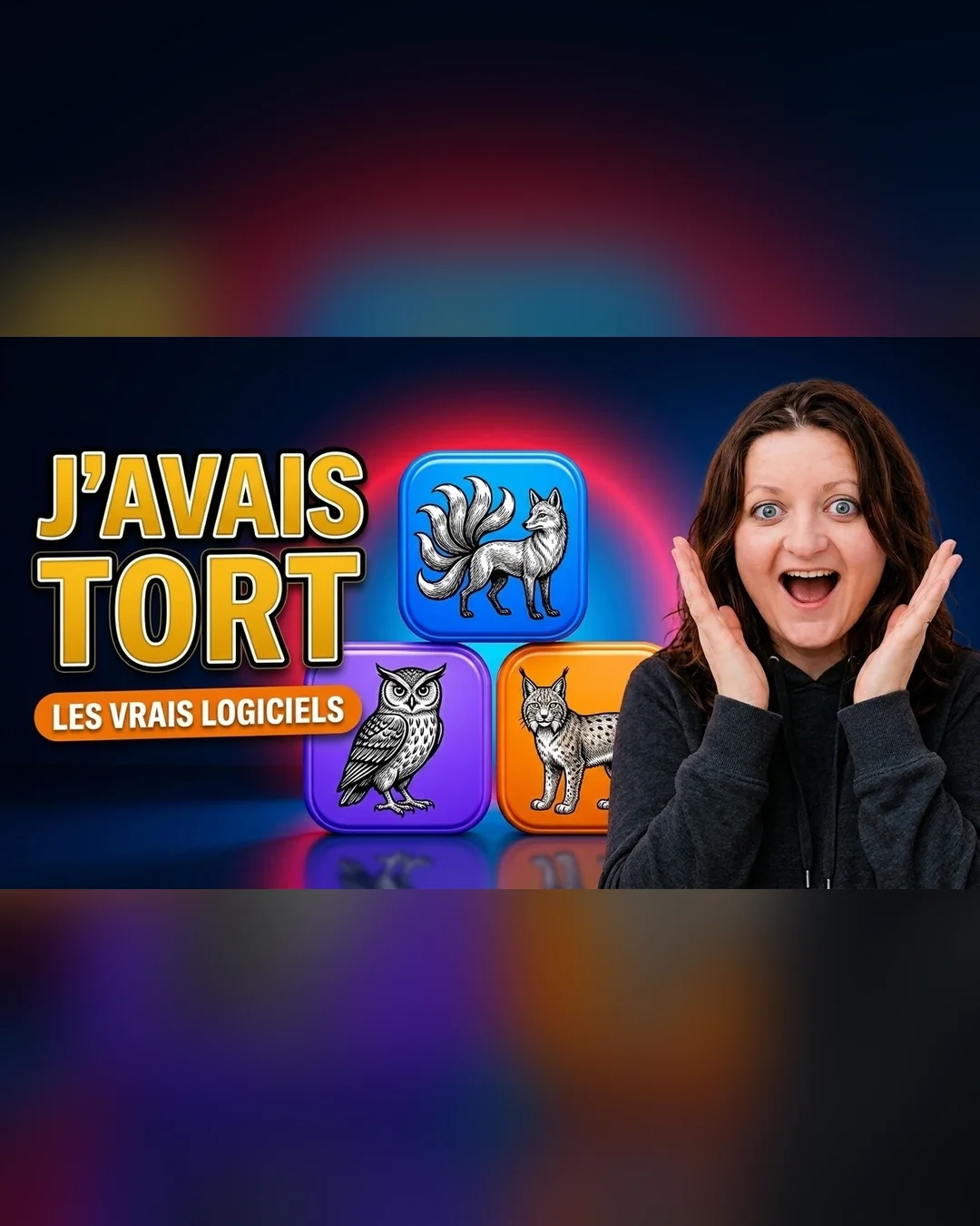 Flore, les mains sur les joues et l'air surpris, devant trois tuiles d'application brillantes et le titre J'avais tort.