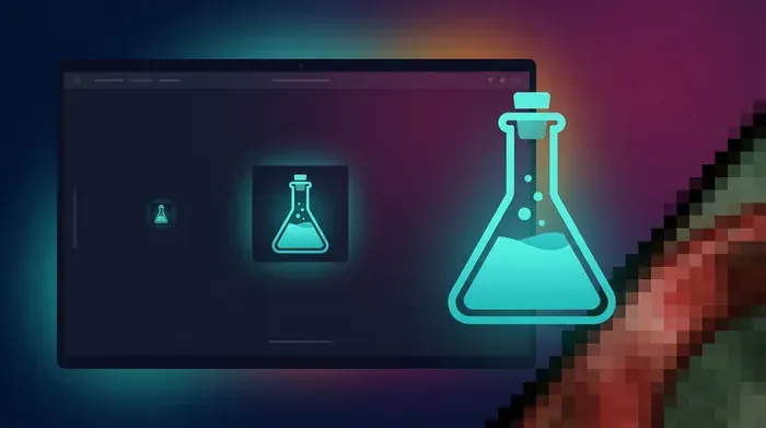 Une fiole turquoise nette en trois tailles sur un écran, avec un coin d'image en gros pixels à droite.