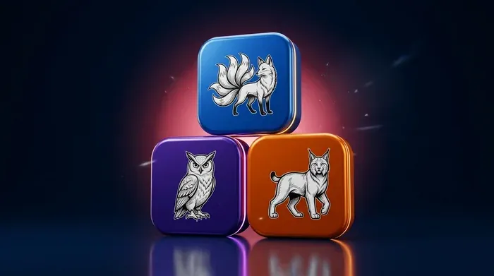 Trois tuiles d'application brillantes, bleue, violette et orange, ornées de gravures d'animaux.