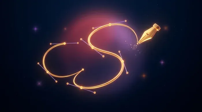 Une courbe lumineuse couleur ambre tracée par une plume, avec ses points d'ancrage, sur un fond bleu nuit.
