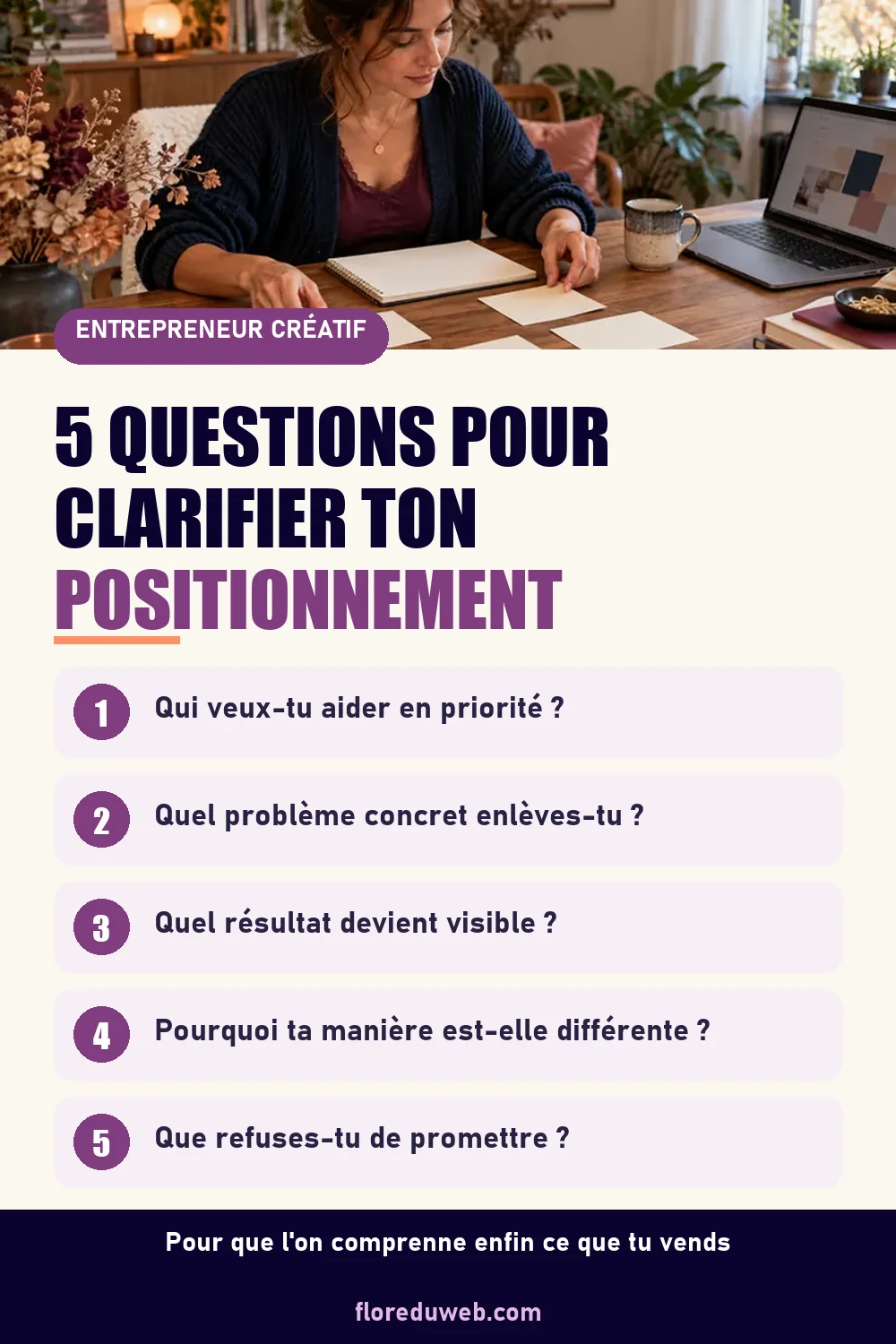 Épingle Pinterest avec cinq questions pour clarifier son positionnement d'entrepreneur créatif