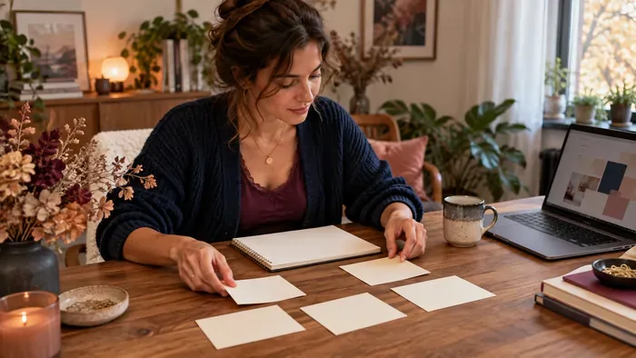 Une entrepreneure organise cinq cartes blanches sur son bureau pour clarifier le positionnement de son activité