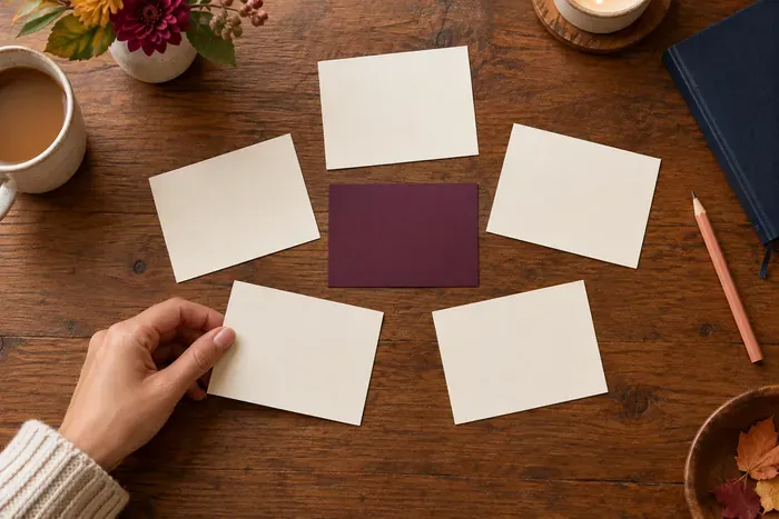 Cinq cartes blanches entourent une carte prune sur un bureau en bois pendant un exercice de positionnement