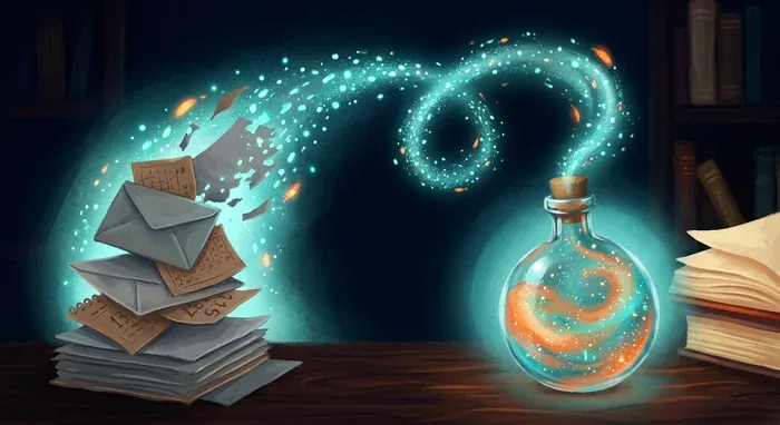 Une pile d'enveloppes et de calendriers se transforme en particules lumineuses qui rejoignent une fiole de verre scintillante