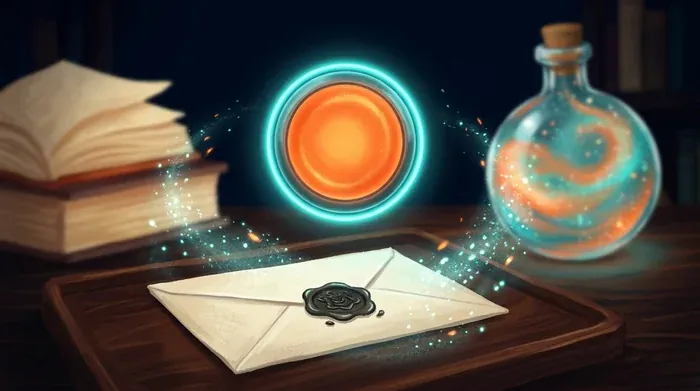 Une enveloppe cachetée attend sous un bouton de validation lumineux orange, à côté d'une fiole scintillante